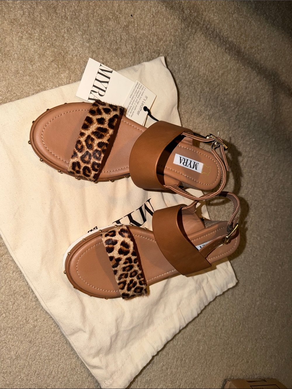 MYRA Leopard-Accent Tan Leather Slingback Sandals